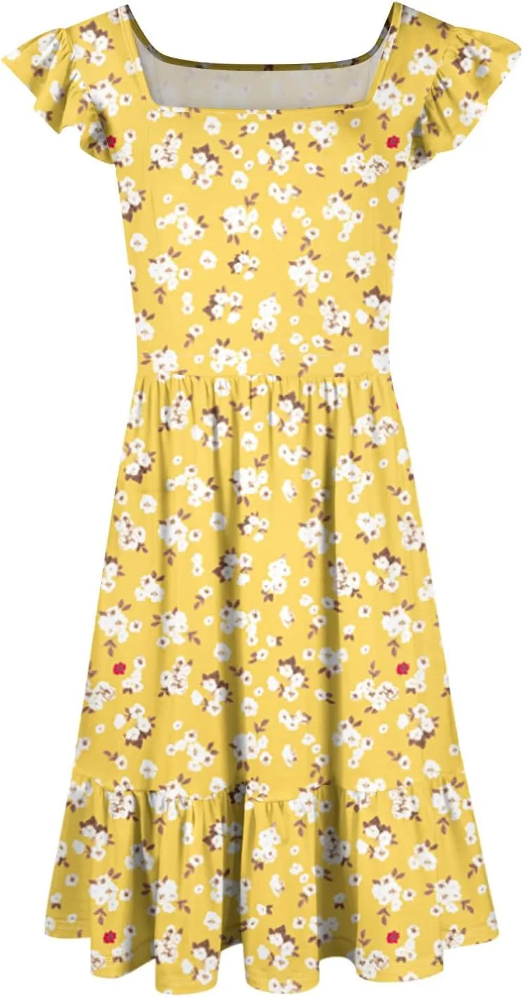 Summer Dresses for Women Casual Square Neck Ruffle Tiered Floral Sundress Boho Beach A Line Mini Dress with Pockets
