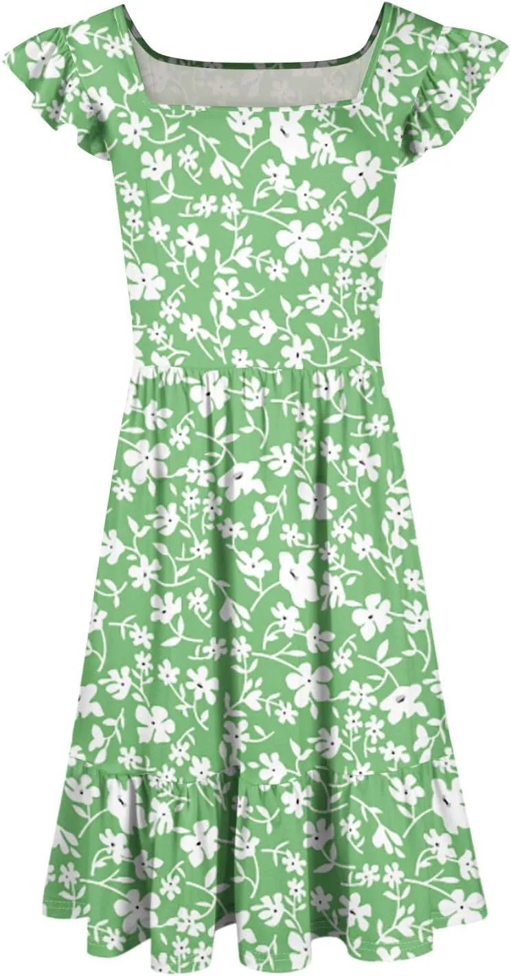 Summer Dresses for Women Casual Square Neck Ruffle Tiered Floral Sundress Boho Beach A Line Mini Dress with Pockets