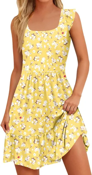 Summer Dresses for Women Casual Square Neck Ruffle Tiered Floral Sundress Boho Beach A Line Mini Dress with Pockets