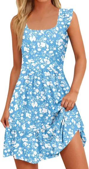 Summer Dresses for Women Casual Square Neck Ruffle Tiered Floral Sundress Boho Beach A Line Mini Dress with Pockets