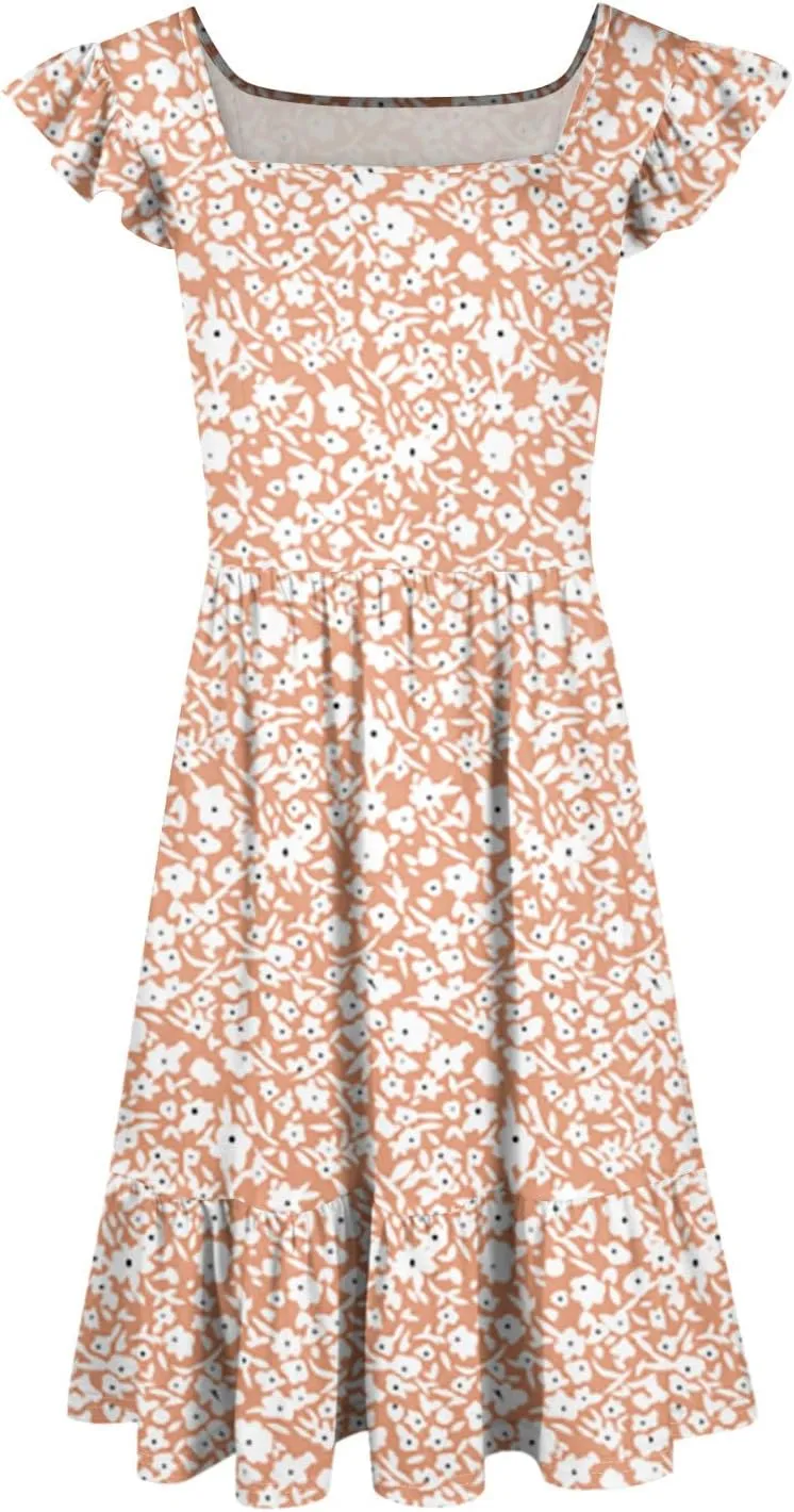 Summer Dresses for Women Casual Square Neck Ruffle Tiered Floral Sundress Boho Beach A Line Mini Dress with Pockets