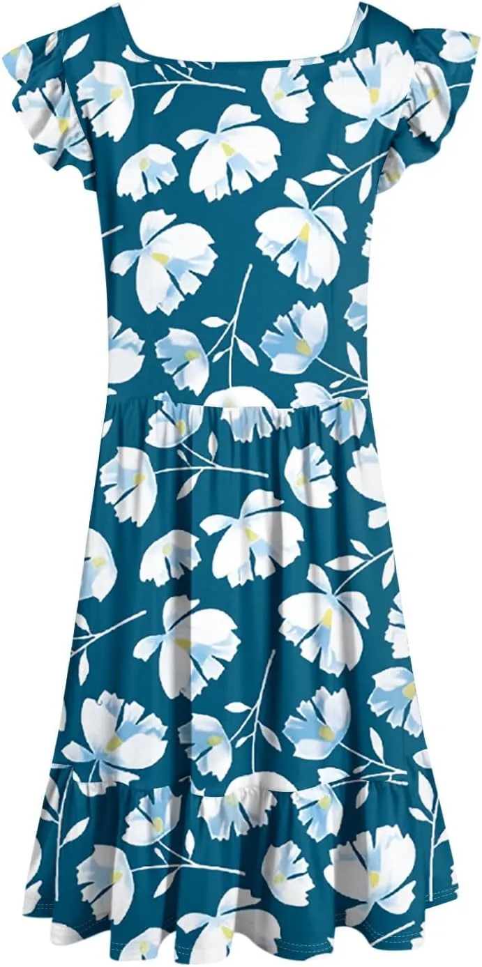 Summer Dresses for Women Casual Square Neck Ruffle Tiered Floral Sundress Boho Beach A Line Mini Dress with Pockets