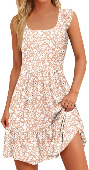 Summer Dresses for Women Casual Square Neck Ruffle Tiered Floral Sundress Boho Beach A Line Mini Dress with Pockets