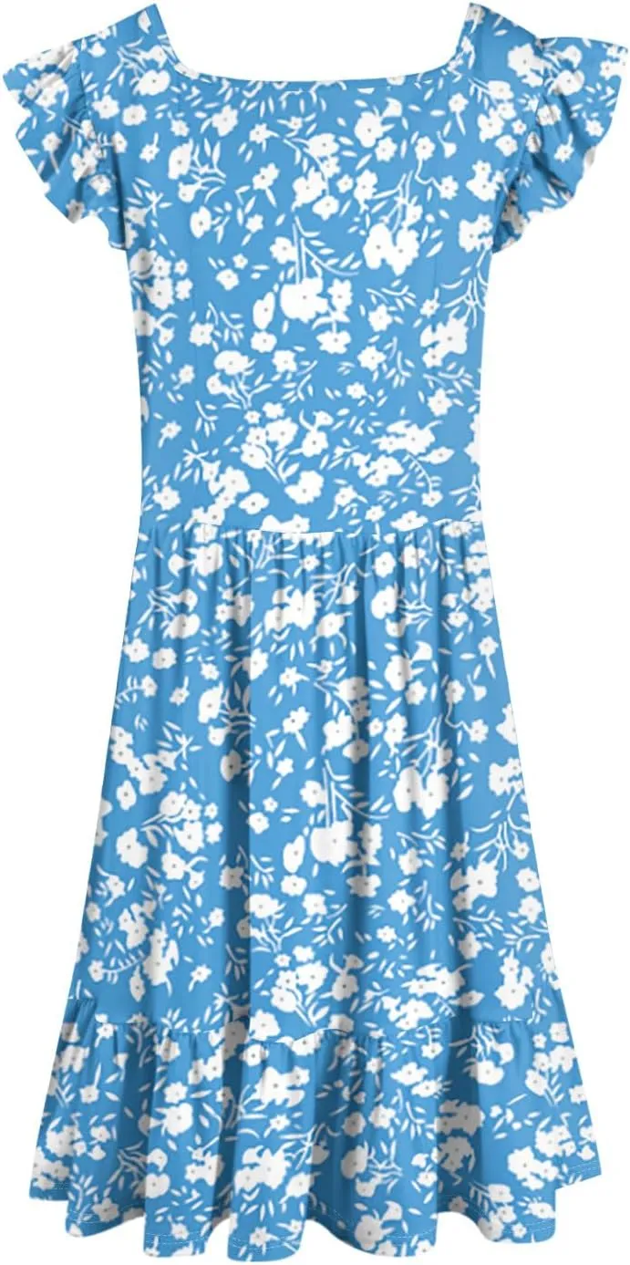 Summer Dresses for Women Casual Square Neck Ruffle Tiered Floral Sundress Boho Beach A Line Mini Dress with Pockets