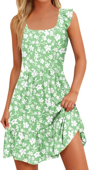 Summer Dresses for Women Casual Square Neck Ruffle Tiered Floral Sundress Boho Beach A Line Mini Dress with Pockets