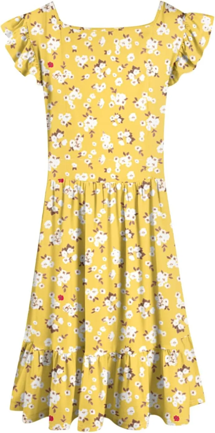 Summer Dresses for Women Casual Square Neck Ruffle Tiered Floral Sundress Boho Beach A Line Mini Dress with Pockets