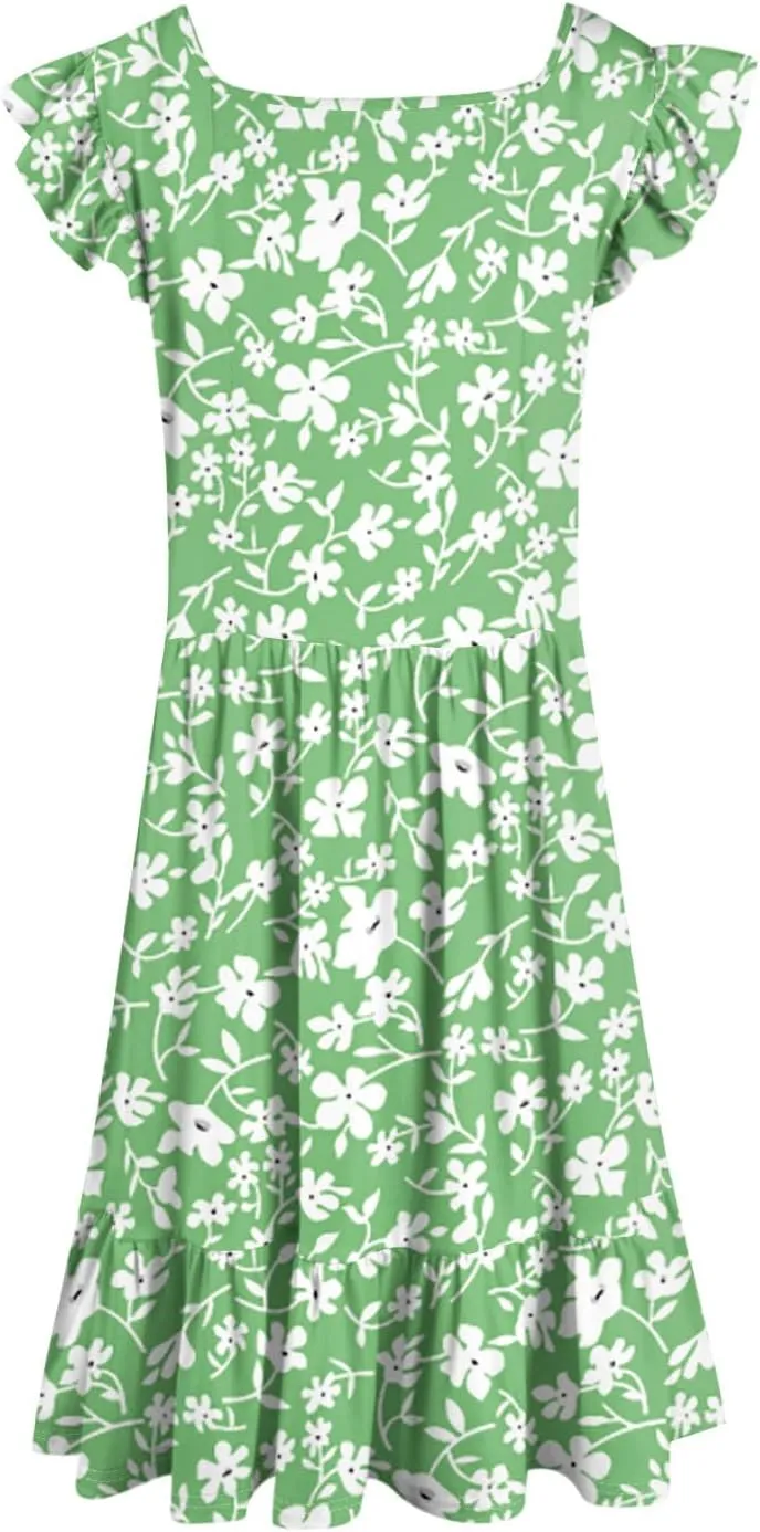 Summer Dresses for Women Casual Square Neck Ruffle Tiered Floral Sundress Boho Beach A Line Mini Dress with Pockets