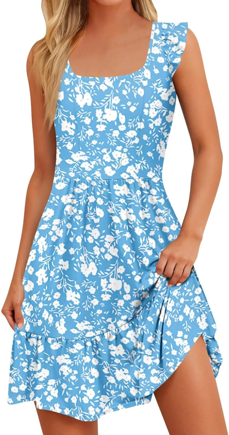 Summer Dresses for Women Casual Square Neck Ruffle Tiered Floral Sundress Boho Beach A Line Mini Dress with Pockets