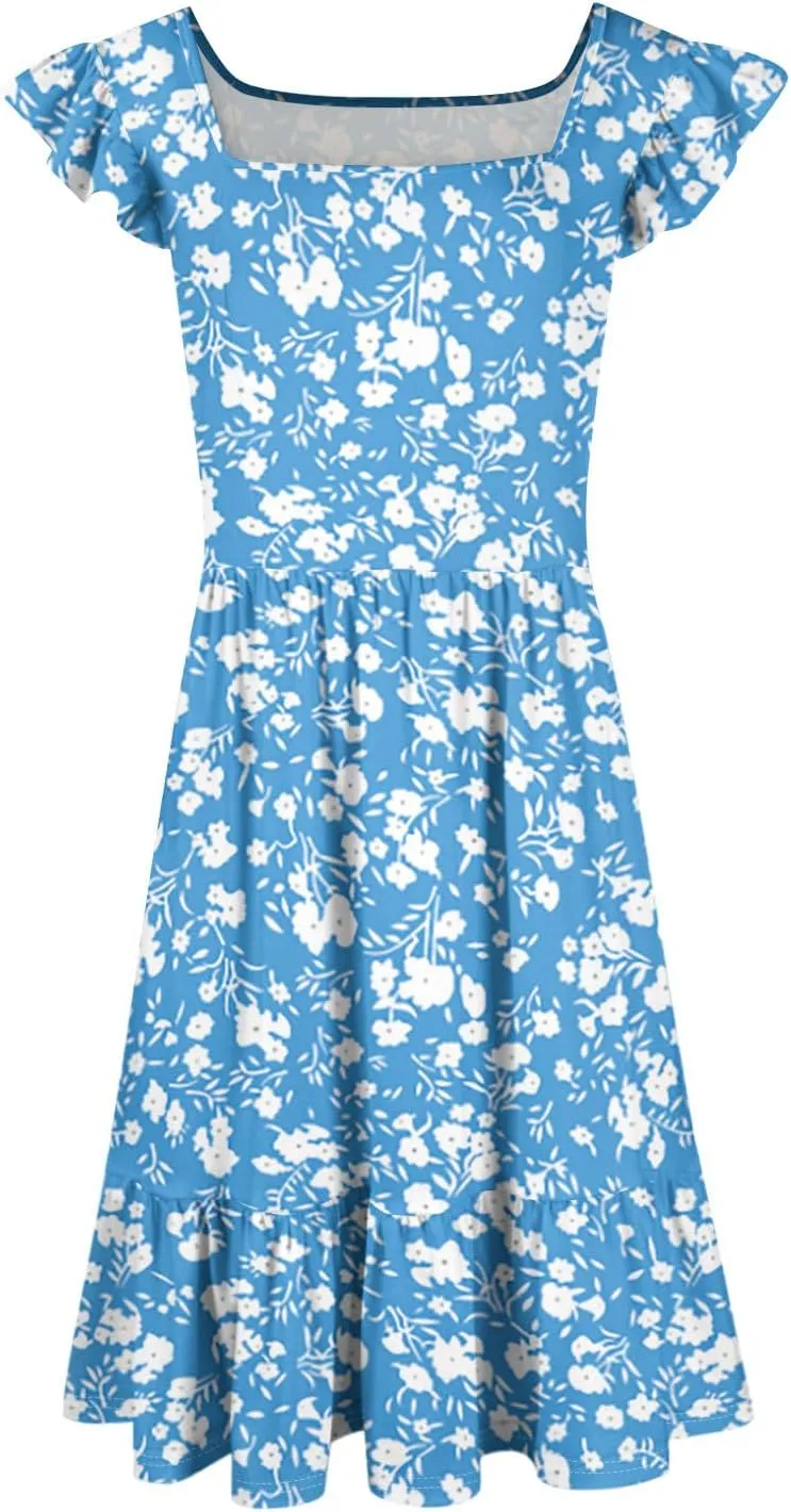 Summer Dresses for Women Casual Square Neck Ruffle Tiered Floral Sundress Boho Beach A Line Mini Dress with Pockets
