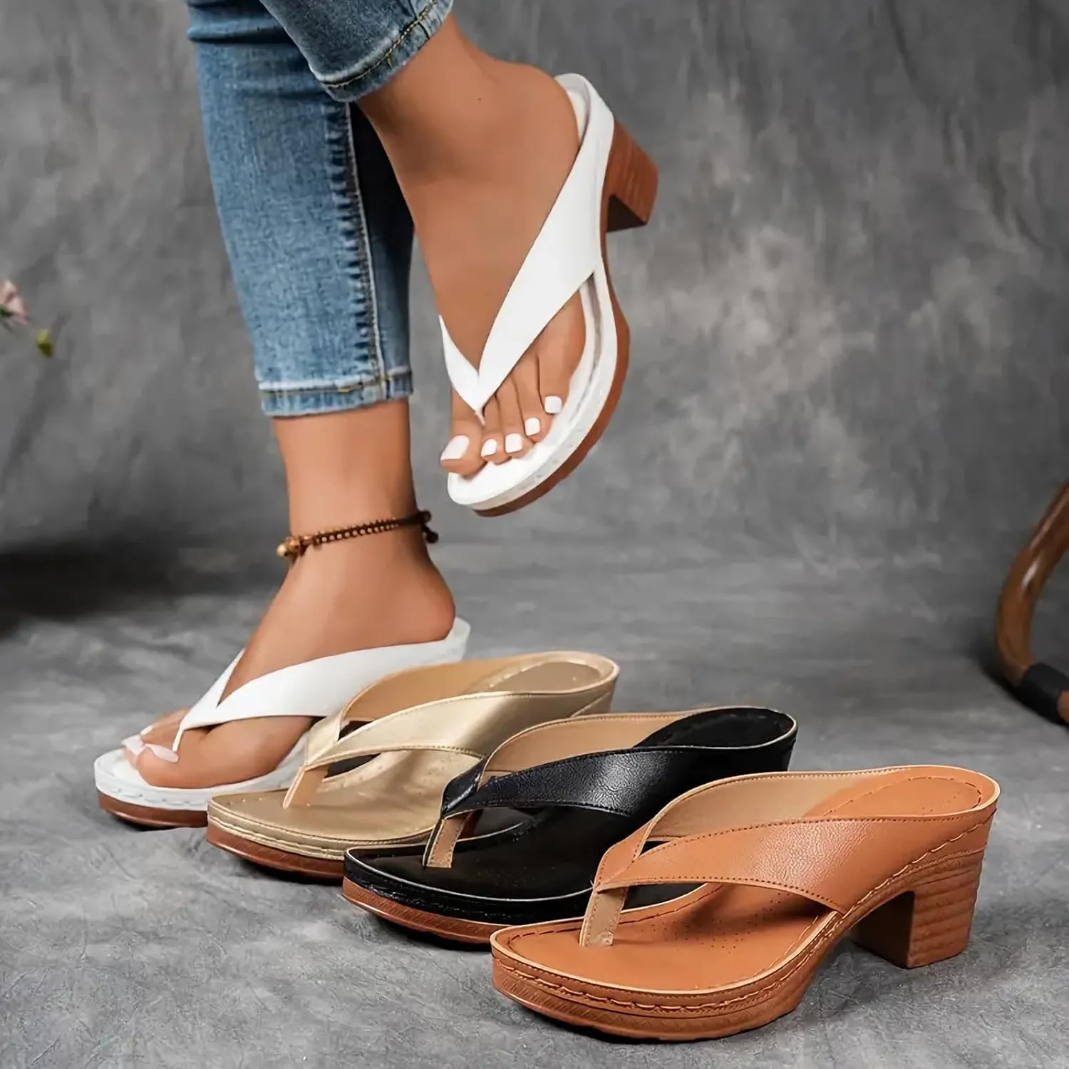 Summer Sandals for Women 2025 with Arch Support Women's Orthopedic Dressy Chunky Heel Flip Flops for Women Comfortable Slip-On Open Toe Heeled Casual Wedge Thong Sandals Bridal Party Wedding Shoes