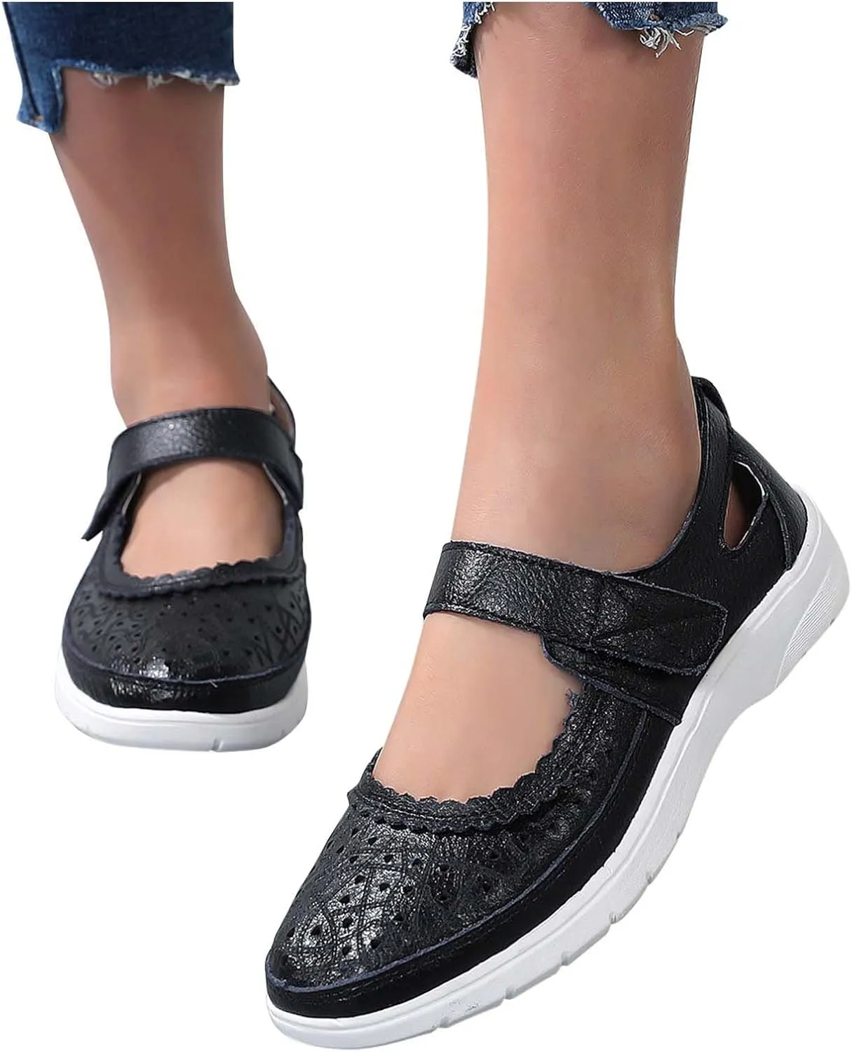 Summer Sandals for Women Dressy Casual Flats Leather Carved Hollow Hole Closed Toe Hook and Loop Breathable Shoes Lightweight Soft Sole Non-Slip Shoes