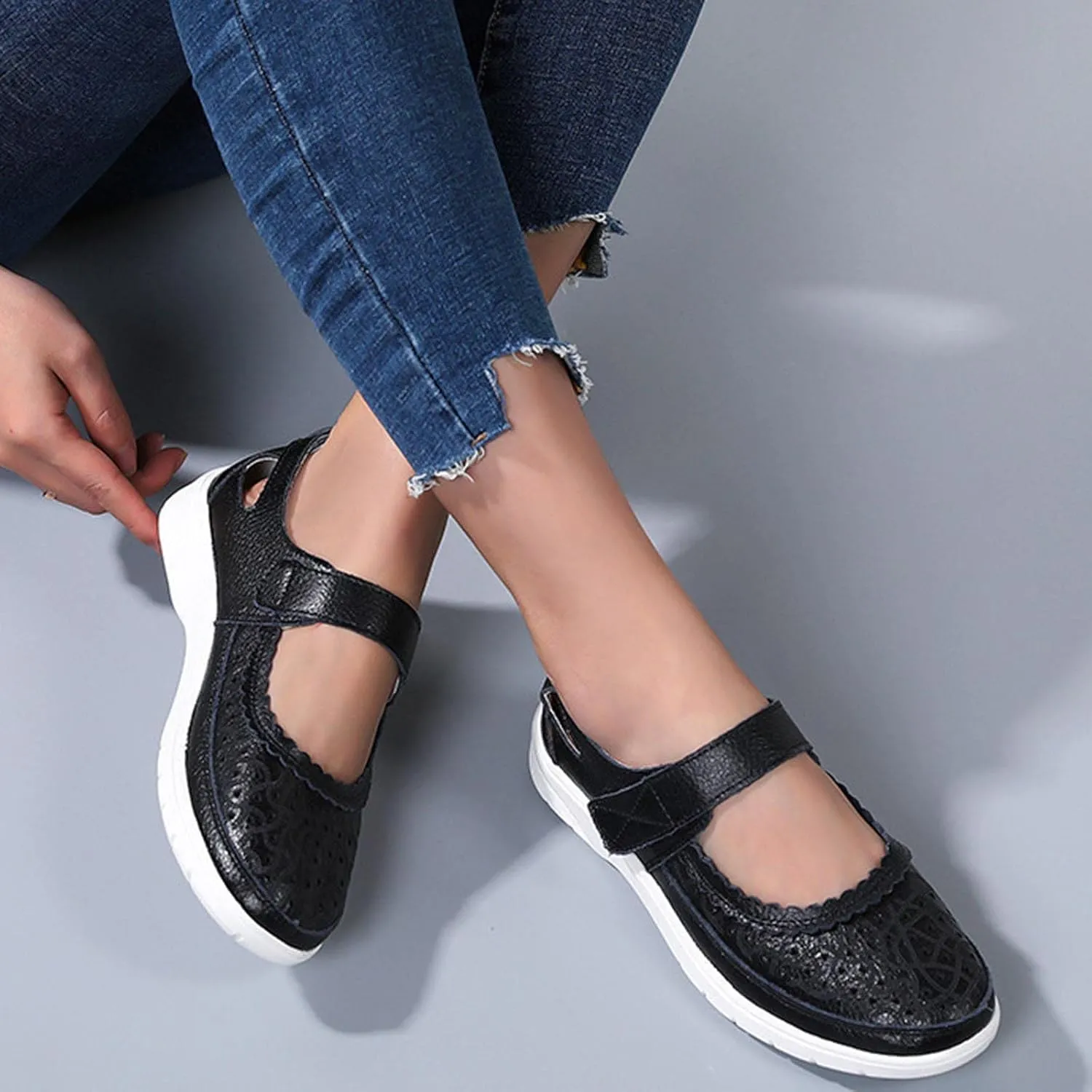 Summer Sandals for Women Dressy Casual Flats Leather Carved Hollow Hole Closed Toe Hook and Loop Breathable Shoes Lightweight Soft Sole Non-Slip Shoes