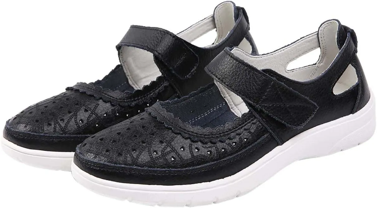 Summer Sandals for Women Dressy Casual Flats Leather Carved Hollow Hole Closed Toe Hook and Loop Breathable Shoes Lightweight Soft Sole Non-Slip Shoes