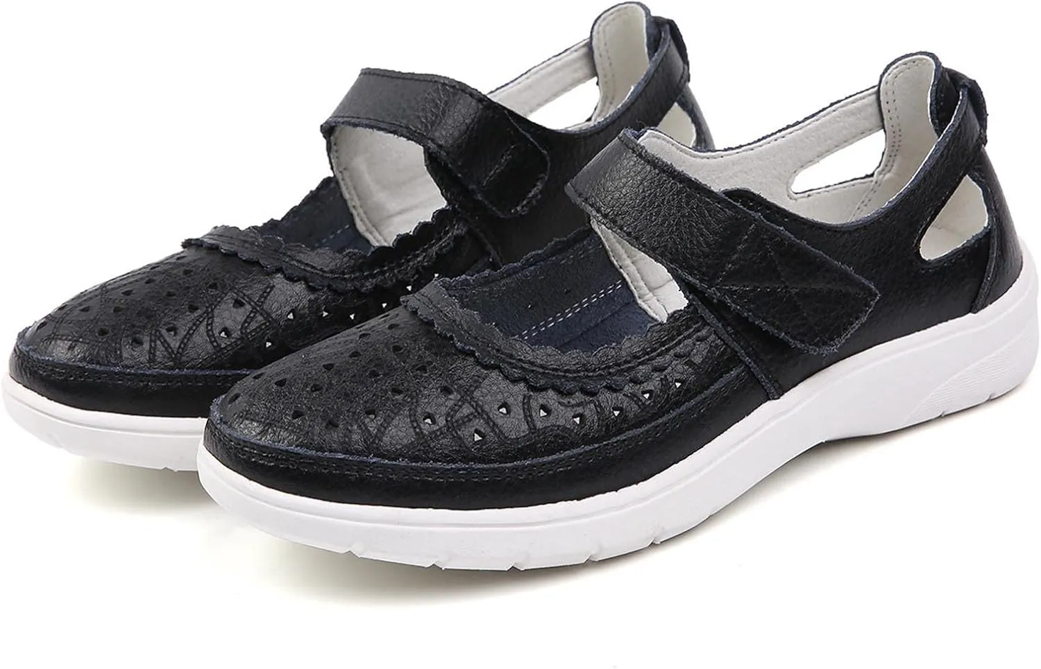 Summer Sandals for Women Dressy Casual Flats Leather Carved Hollow Hole Closed Toe Hook and Loop Breathable Shoes Lightweight Soft Sole Non-Slip Shoes