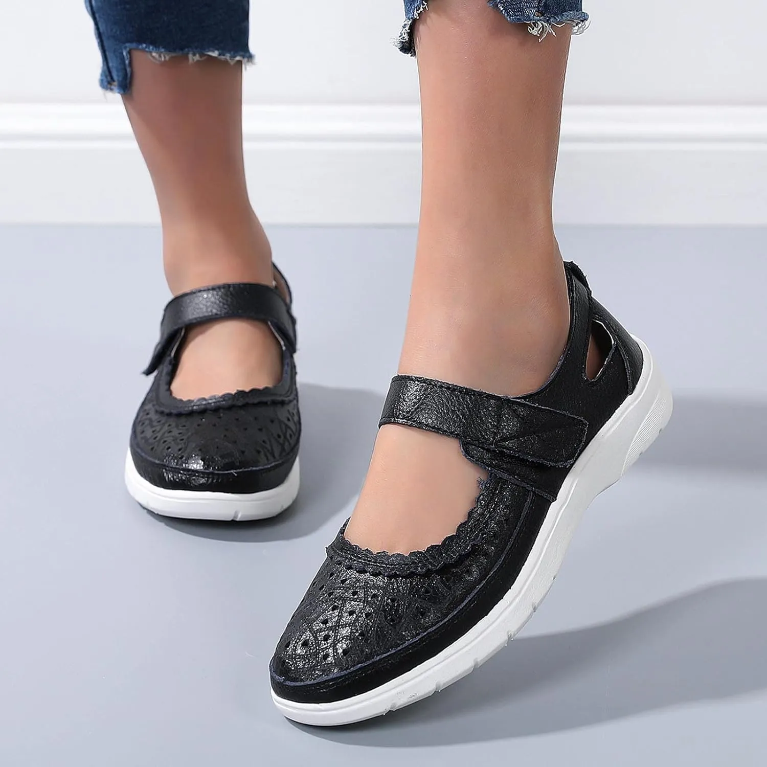 Summer Sandals for Women Dressy Casual Flats Leather Carved Hollow Hole Closed Toe Hook and Loop Breathable Shoes Lightweight Soft Sole Non-Slip Shoes