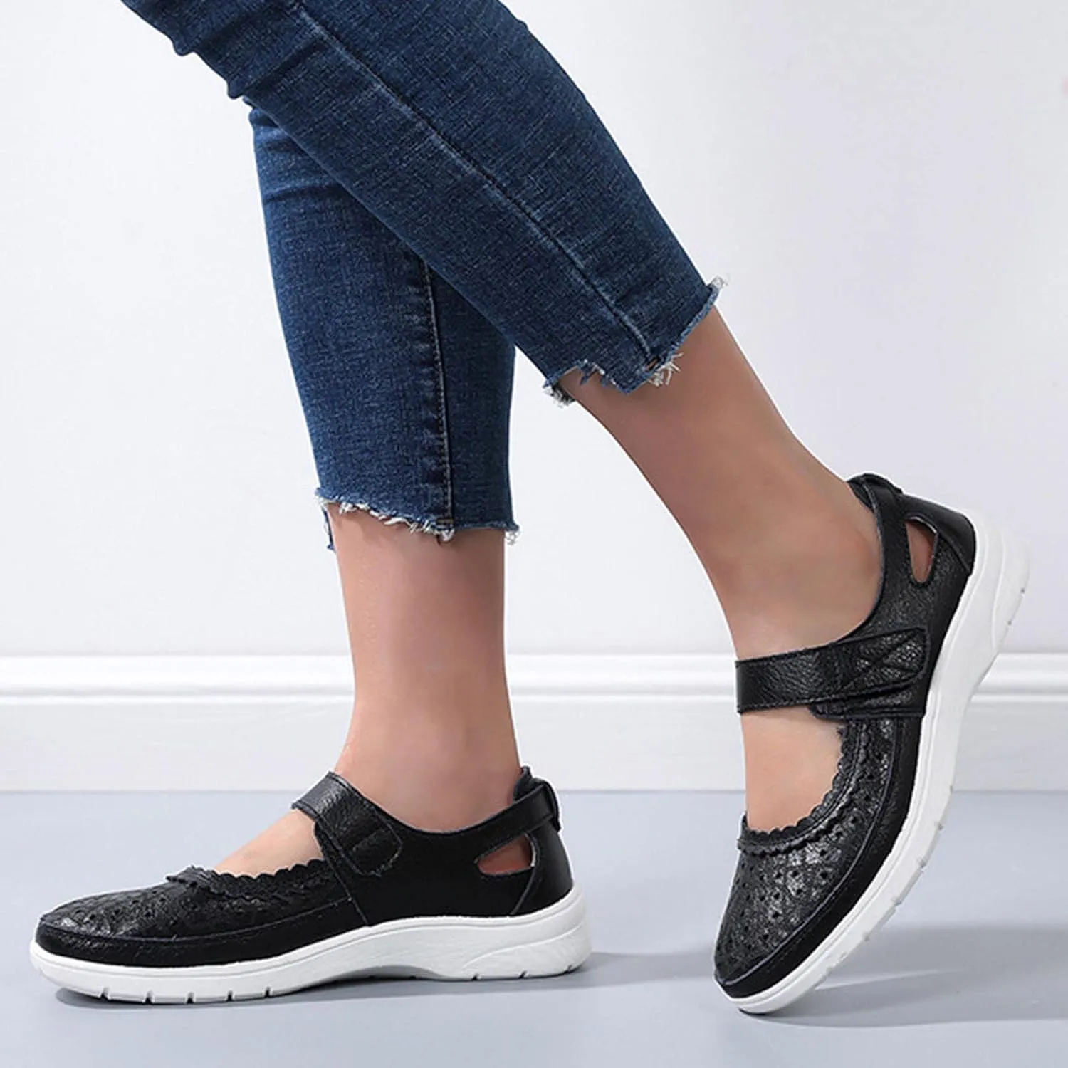 Summer Sandals for Women Dressy Casual Flats Leather Carved Hollow Hole Closed Toe Hook and Loop Breathable Shoes Lightweight Soft Sole Non-Slip Shoes