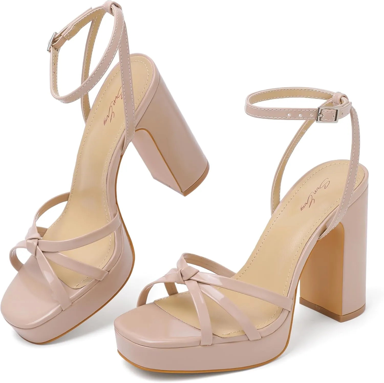 sun gurg Strappy Platform Heels for Women Square Open Toe Chunky High Heels Multicolored Ankle Strap Block Heeled Sandals for Prom Wedding Date Night