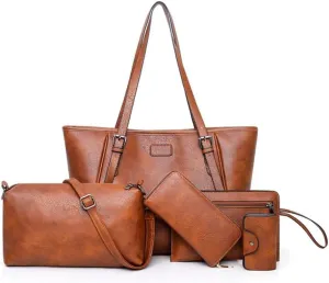 Synthetic PU Leather Tote Shoulder Portable Messenger Women's Bag 5pcs Satchel Crossbody Top-Handle Handbags-Brown