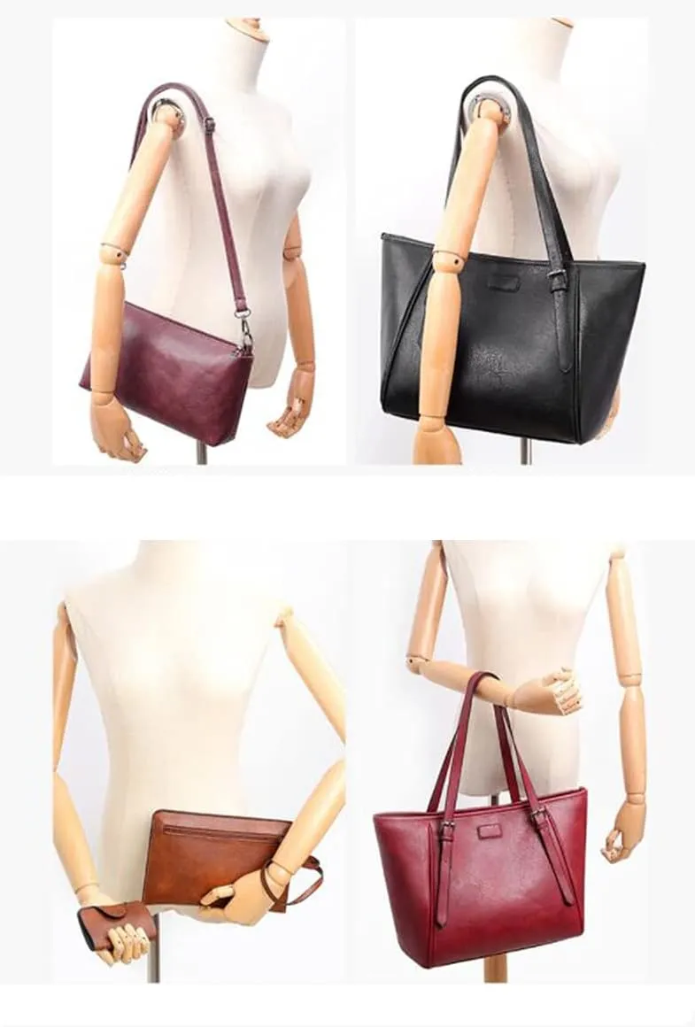 Synthetic PU Leather Tote Shoulder Portable Messenger Women's Bag 5pcs Satchel Crossbody Top-Handle Handbags-Brown