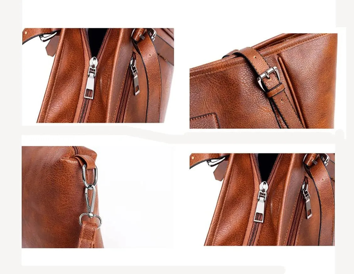 Synthetic PU Leather Tote Shoulder Portable Messenger Women's Bag 5pcs Satchel Crossbody Top-Handle Handbags-Brown