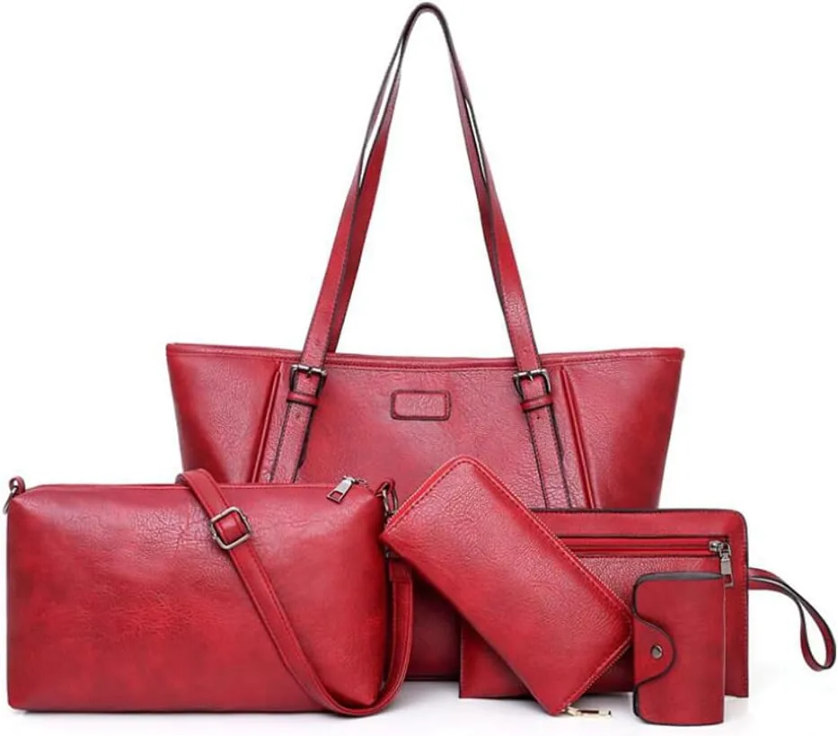 Synthetic PU Leather Tote Shoulder Portable Messenger Women's Bag 5pcs Satchel Crossbody Top-Handle Handbags-Red