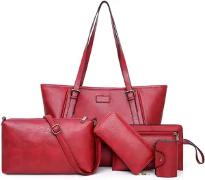 Synthetic PU Leather Tote Shoulder Portable Messenger Women's Bag 5pcs Satchel Crossbody Top-Handle Handbags-Red