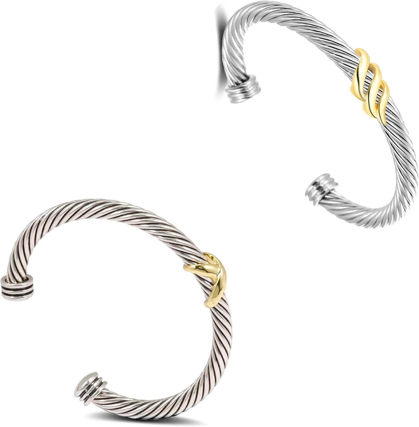 TAYASE 2 Pcs Cuff Bracelet for Women Cable - Twisted Bracelets Silver Bangle - Two Tone Cross Designer Dupes Bracelets Jewelry Gifts