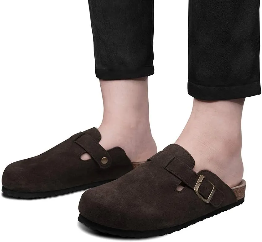 TF STAR Unisex Soft Footbed Clog Cow Suede Leather Clogs, Cork Clogs Shoes for Women Men Tan