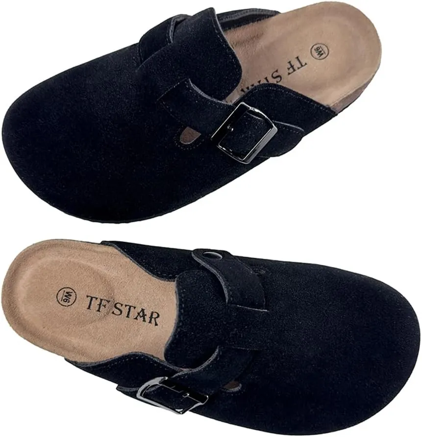 TF STAR Unisex Soft Footbed Clog Cow Suede Leather Clogs, Cork Clogs Shoes for Women Men Tan