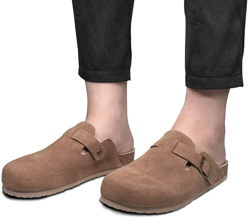 TF STAR Unisex Soft Footbed Clog Cow Suede Leather Clogs, Cork Clogs Shoes for Women Men Tan