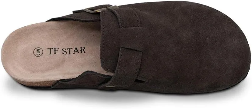 TF STAR Unisex Soft Footbed Clog Cow Suede Leather Clogs, Cork Clogs Shoes for Women Men Tan
