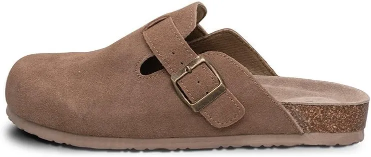 TF STAR Unisex Soft Footbed Clog Cow Suede Leather Clogs, Cork Clogs Shoes for Women Men Tan