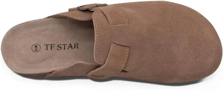 TF STAR Unisex Soft Footbed Clog Cow Suede Leather Clogs, Cork Clogs Shoes for Women Men Tan