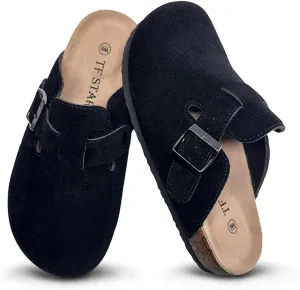 TF STAR Unisex Soft Footbed Clog Cow Suede Leather Clogs, Cork Clogs Shoes for Women Men Tan