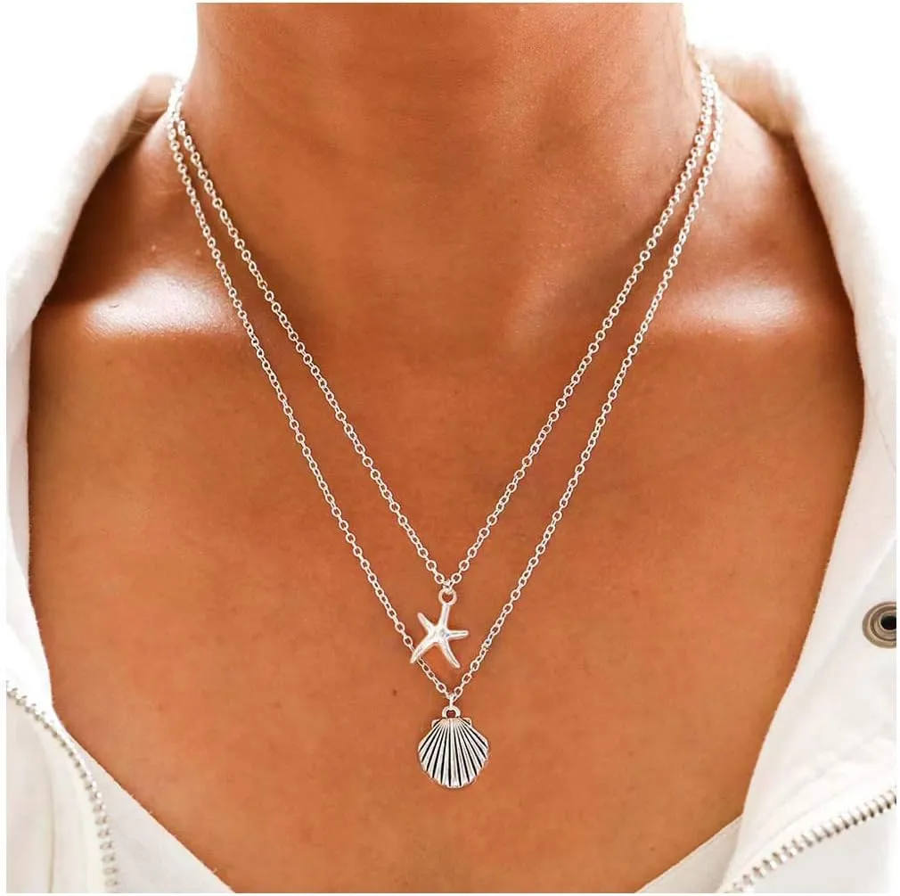 Tgirls Boho Layered Starfish Necklace Seashell Pendant Necklaces Chain for Women