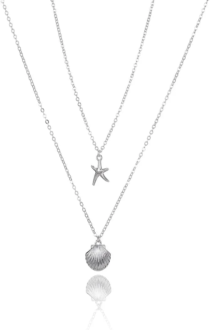 Tgirls Boho Layered Starfish Necklace Seashell Pendant Necklaces Chain for Women