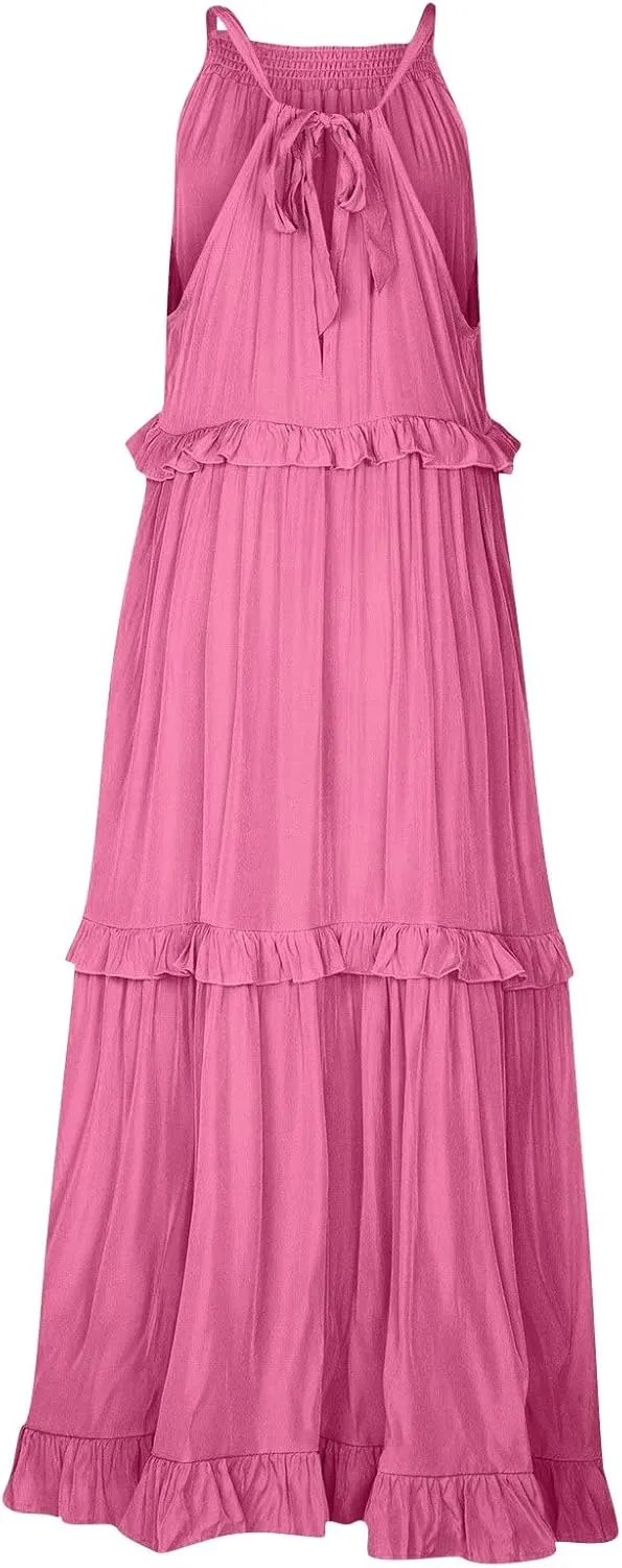 Tiered Halter Maxi Dresses for Women 2025 Elegant Pleated Long Flowy Dress Swing Sleeveless Ruffle Hem Beach Sundress