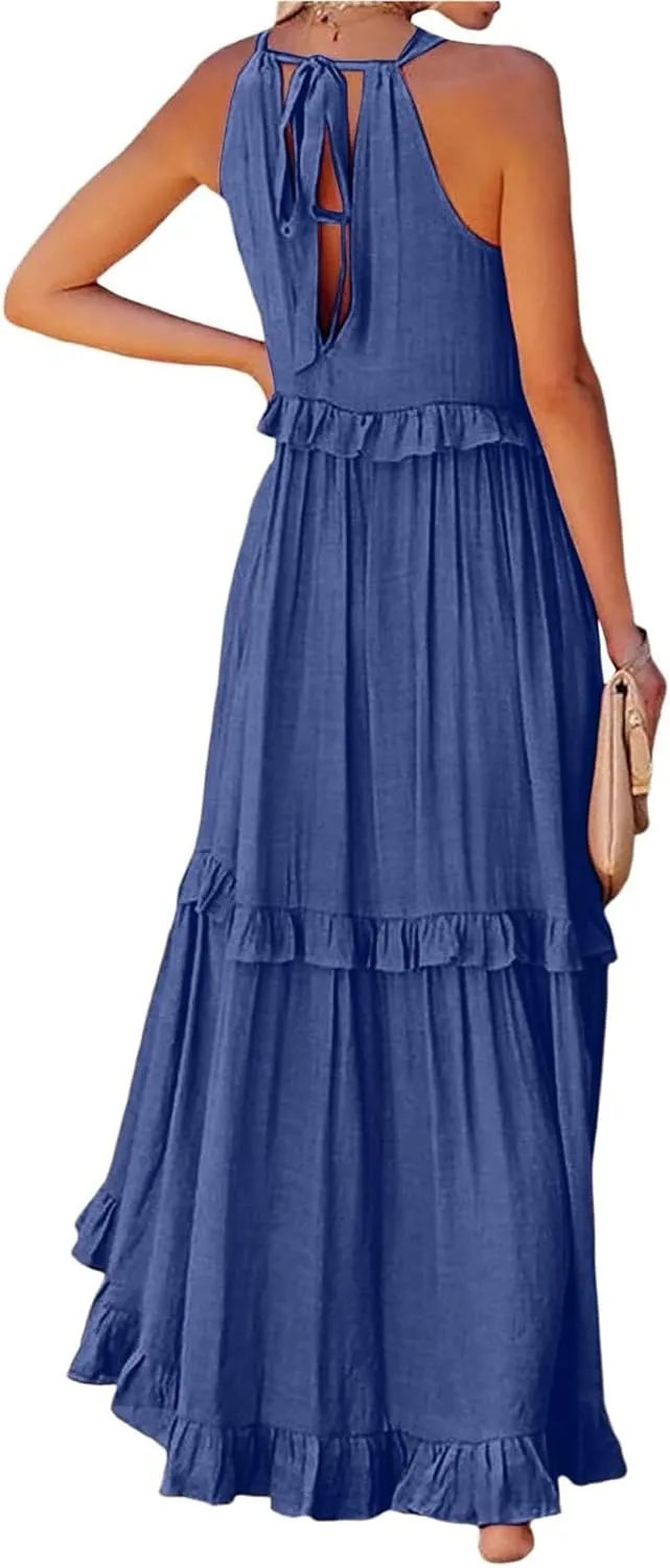 Tiered Halter Maxi Dresses for Women 2025 Elegant Pleated Long Flowy Dress Swing Sleeveless Ruffle Hem Beach Sundress