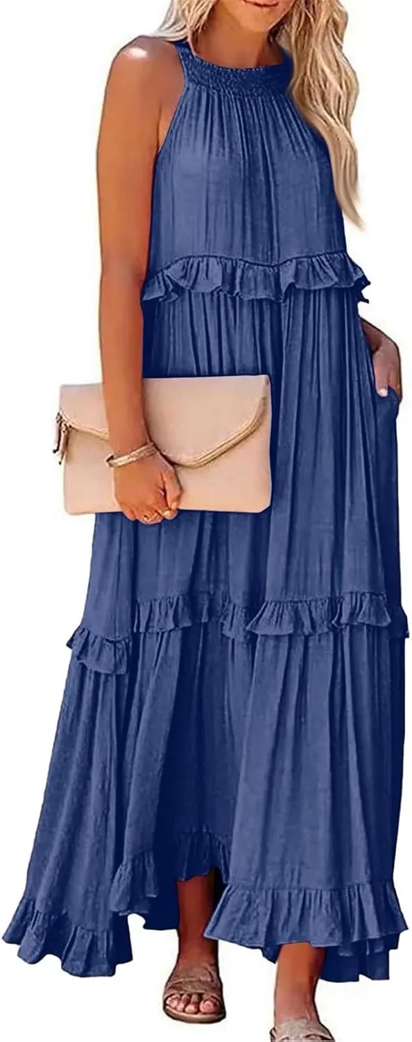 Tiered Halter Maxi Dresses for Women 2025 Elegant Pleated Long Flowy Dress Swing Sleeveless Ruffle Hem Beach Sundress