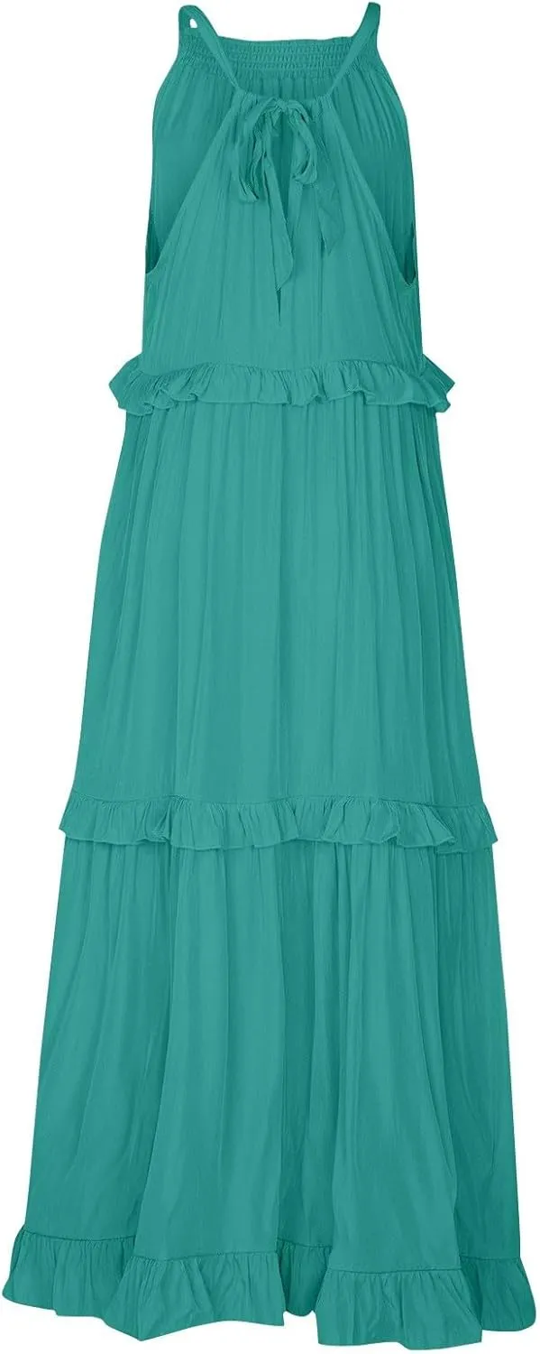 Tiered Halter Maxi Dresses for Women 2025 Elegant Pleated Long Flowy Dress Swing Sleeveless Ruffle Hem Beach Sundress