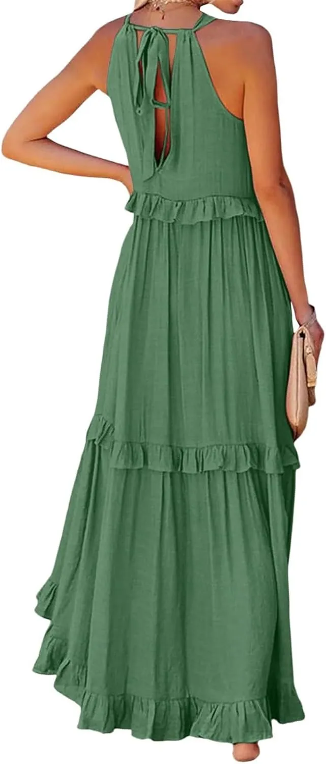 Tiered Halter Maxi Dresses for Women 2025 Elegant Pleated Long Flowy Dress Swing Sleeveless Ruffle Hem Beach Sundress