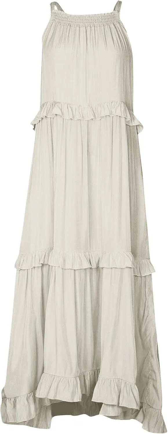 Tiered Halter Maxi Dresses for Women 2025 Elegant Pleated Long Flowy Dress Swing Sleeveless Ruffle Hem Beach Sundress