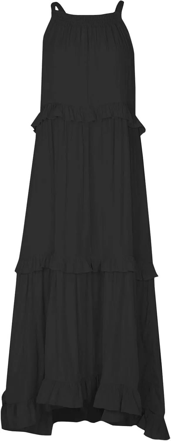 Tiered Halter Maxi Dresses for Women 2025 Elegant Pleated Long Flowy Dress Swing Sleeveless Ruffle Hem Beach Sundress
