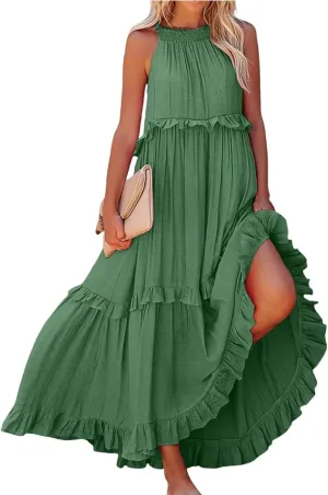Tiered Halter Maxi Dresses for Women 2025 Elegant Pleated Long Flowy Dress Swing Sleeveless Ruffle Hem Beach Sundress