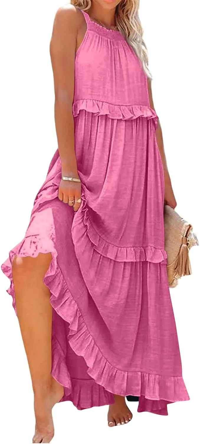 Tiered Halter Maxi Dresses for Women 2025 Elegant Pleated Long Flowy Dress Swing Sleeveless Ruffle Hem Beach Sundress
