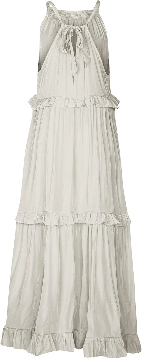 Tiered Halter Maxi Dresses for Women 2025 Elegant Pleated Long Flowy Dress Swing Sleeveless Ruffle Hem Beach Sundress
