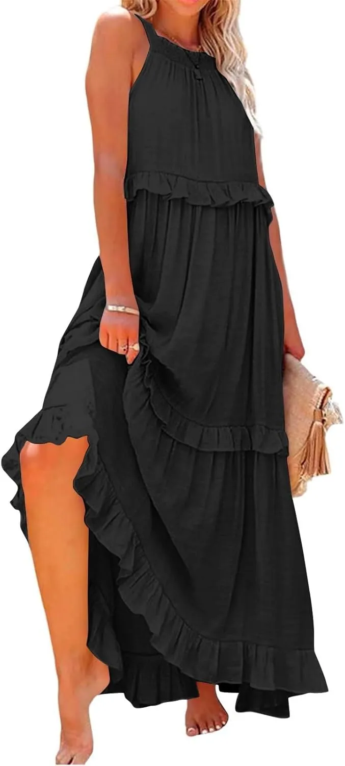 Tiered Halter Maxi Dresses for Women 2025 Elegant Pleated Long Flowy Dress Swing Sleeveless Ruffle Hem Beach Sundress