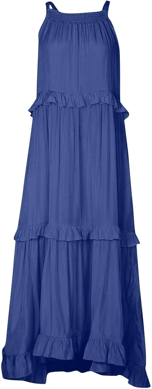 Tiered Halter Maxi Dresses for Women 2025 Elegant Pleated Long Flowy Dress Swing Sleeveless Ruffle Hem Beach Sundress