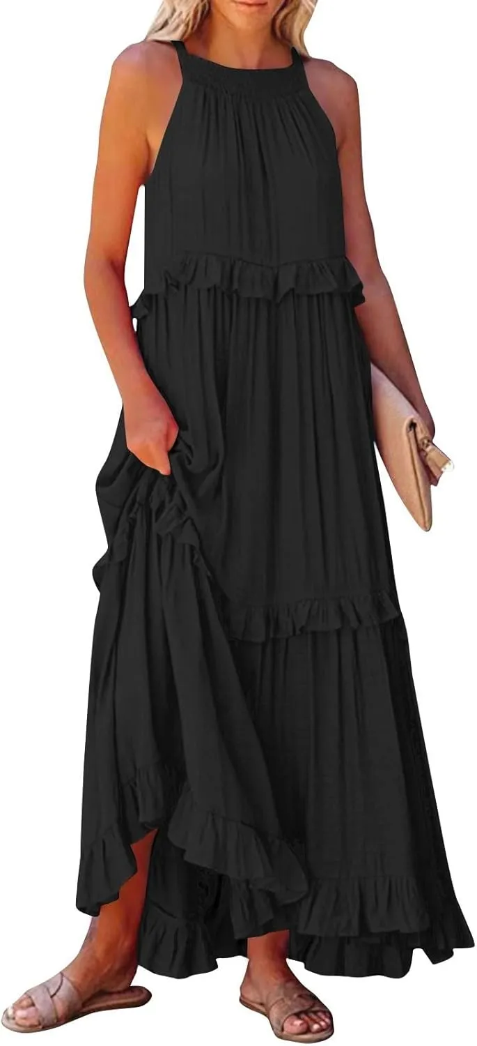 Tiered Halter Maxi Dresses for Women 2025 Elegant Pleated Long Flowy Dress Swing Sleeveless Ruffle Hem Beach Sundress