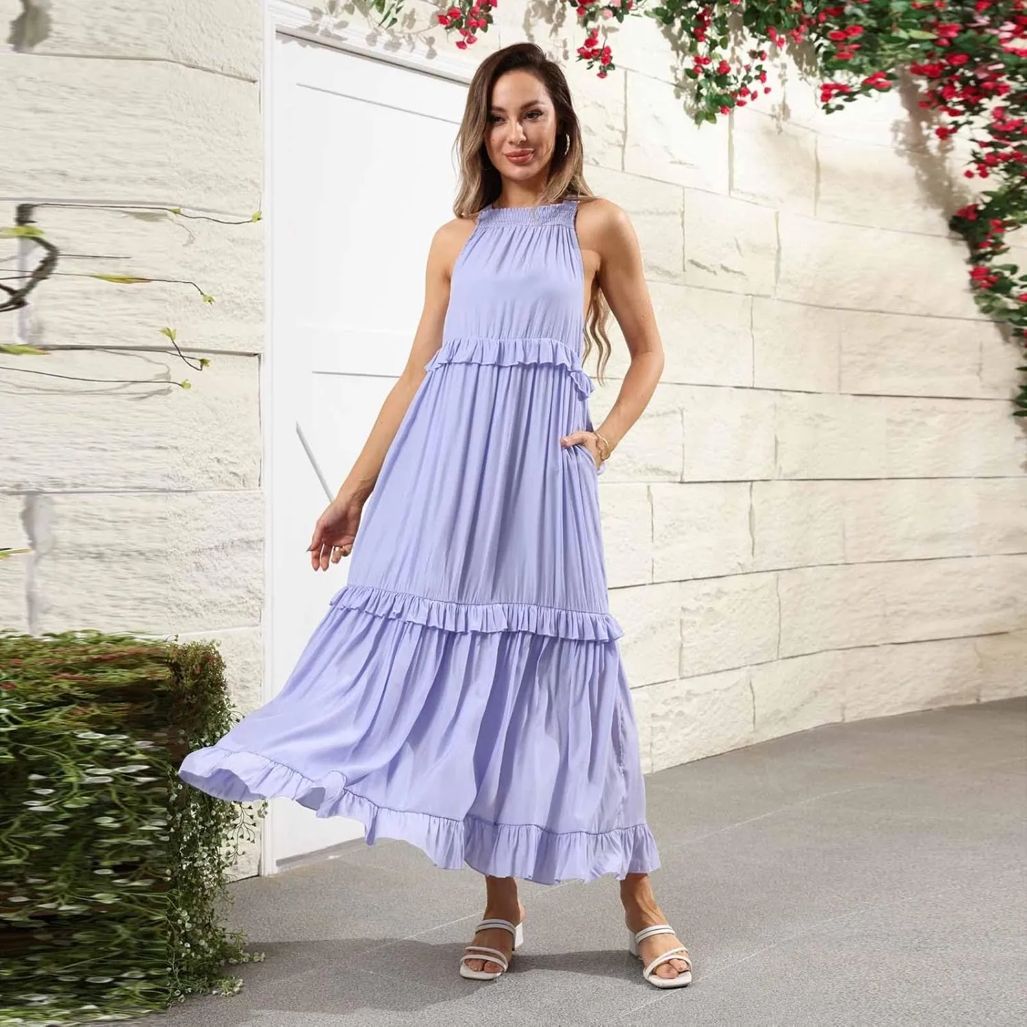 Tiered Halter Maxi Dresses for Women 2025 Elegant Pleated Long Flowy Dress Swing Sleeveless Ruffle Hem Beach Sundress